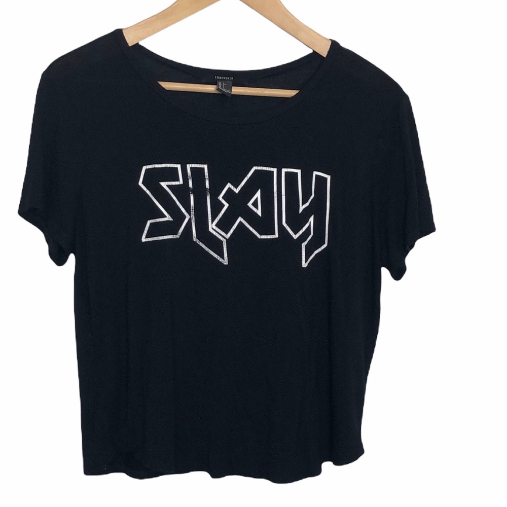 Forever 21 Black SLAY heavy metal Graphic Cropped Tee Large shirt top